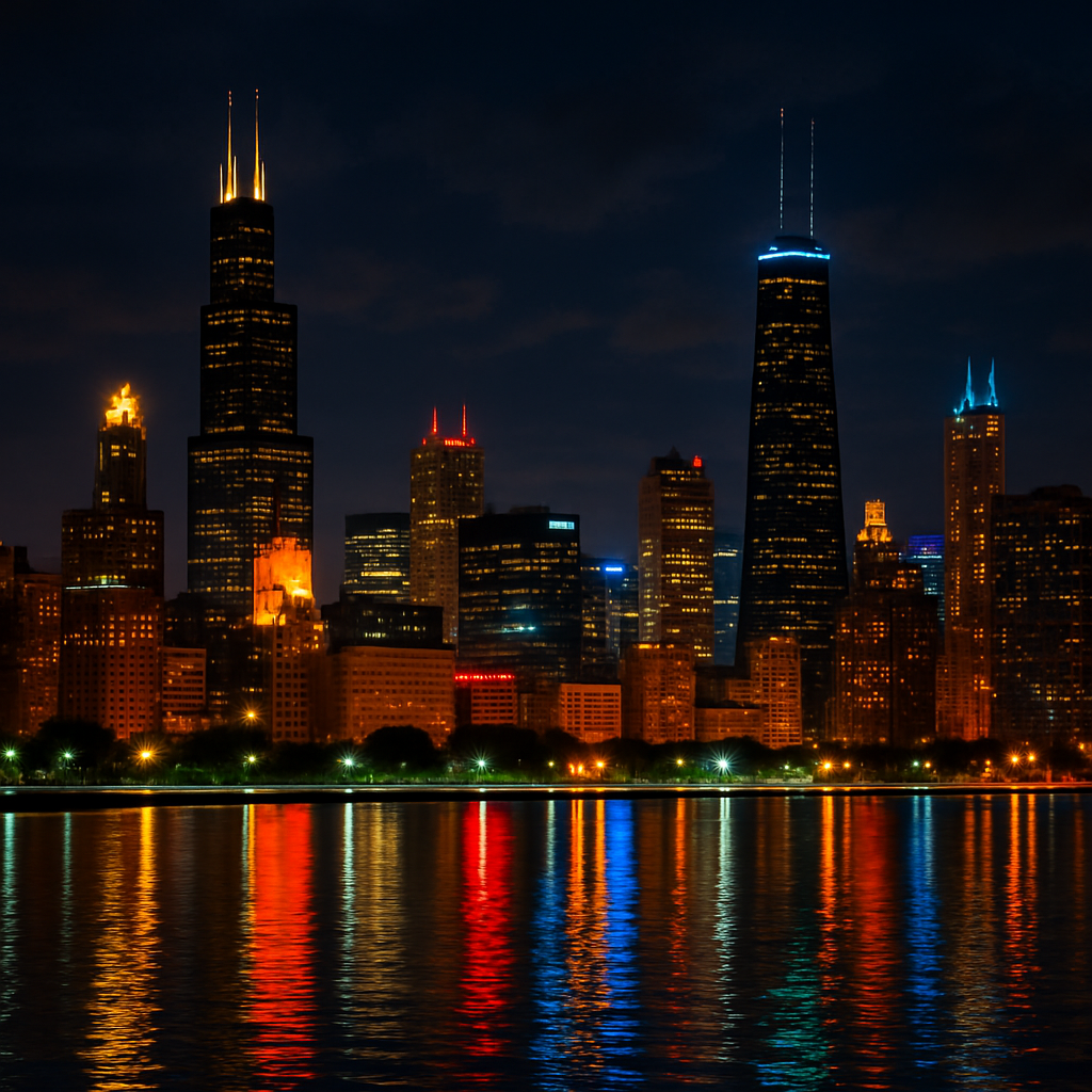 3D Image Chicago Skyline at Night